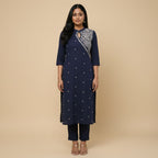 Navy blue chikankari embroidered cotton kurta set front view – TRESSNY