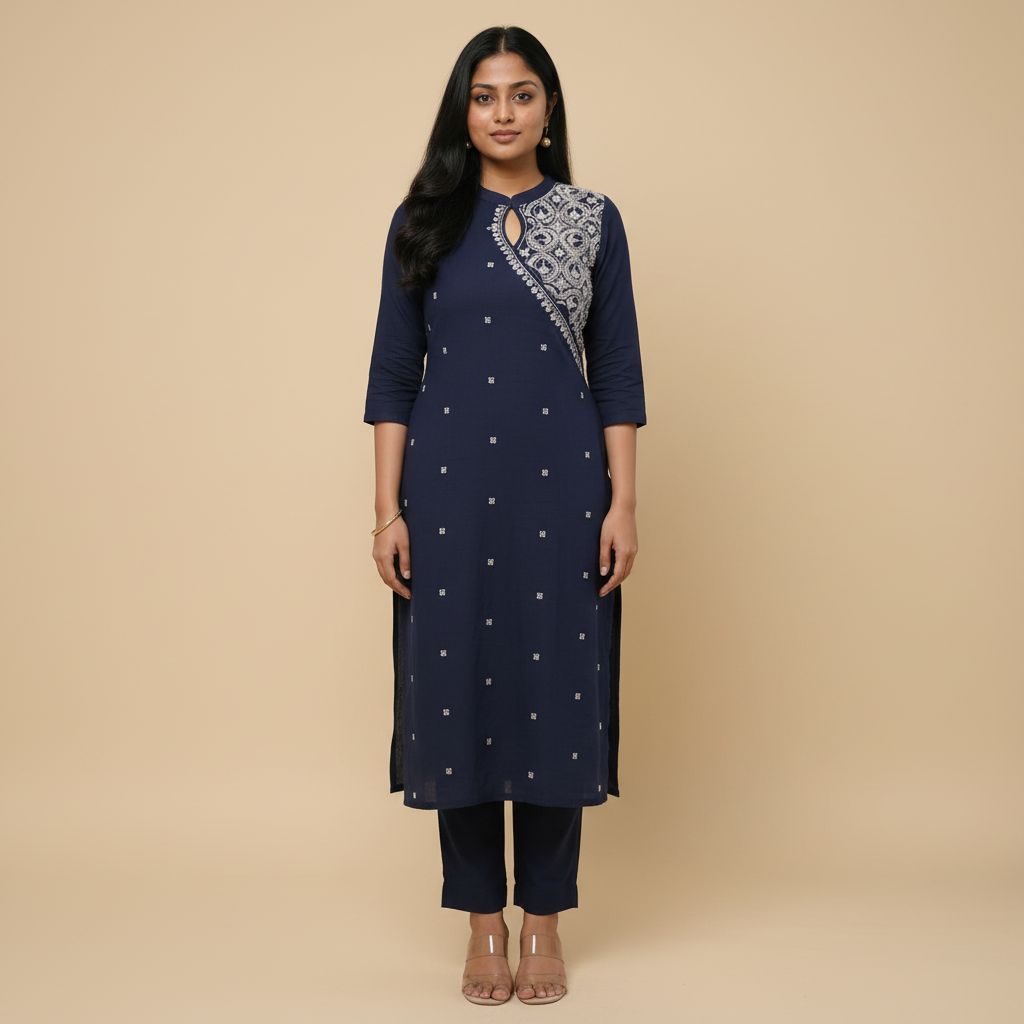 Navy blue chikankari embroidered cotton kurta set front view – TRESSNY