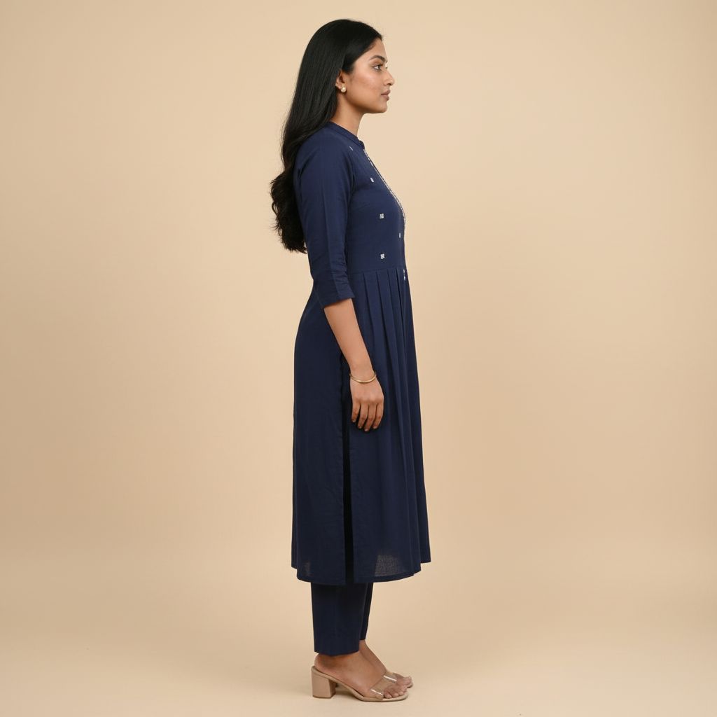 Navy blue chikankari embroidered cotton kurta set side view – TRESSNY