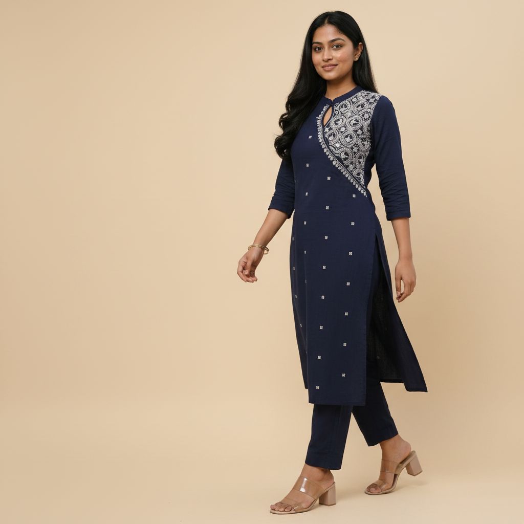 Navy blue chikankari embroidered cotton kurta set walking pose – TRESSNY