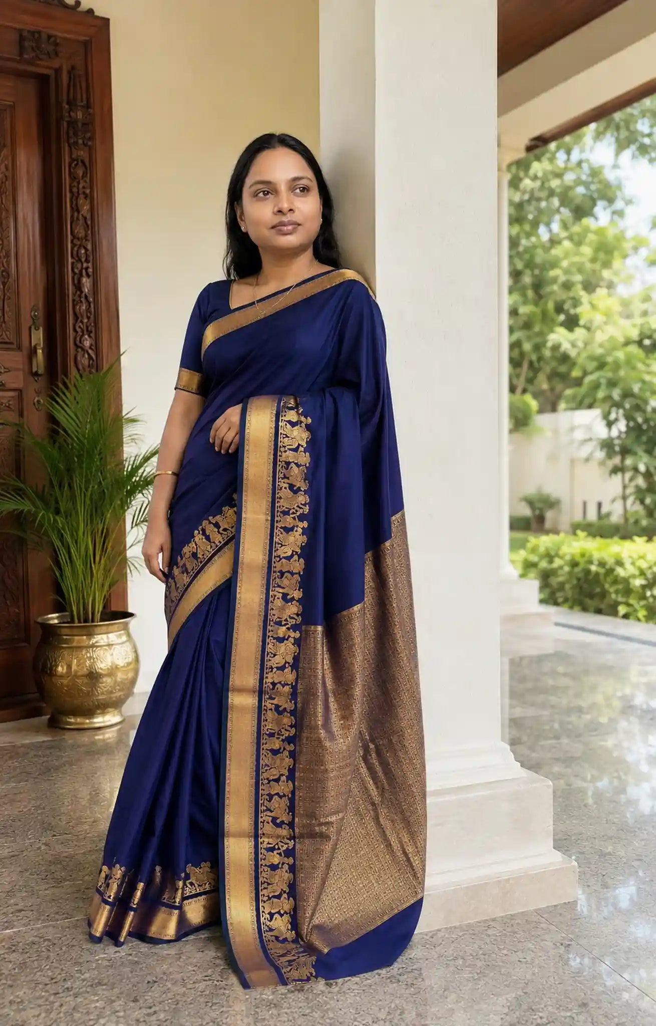 Navy Kanchipuram Soft Silk Saree with Gold Zari Border - Full Drape | Women Fashion India