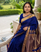Navy Kanchipuram Soft Silk Saree with Gold Zari Border - Pallu Detail | Women Fashion India