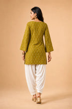 Olive Bandhej Print Cotton Top with Flared Bell Sleeves - Back View | Women Fashion India