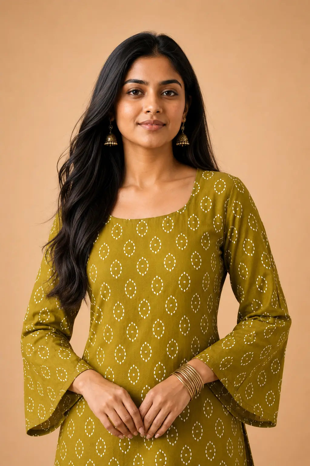 Olive Bandhej Print Cotton Top with Flared Bell Sleeves - Detail View | Women Fashion India