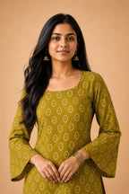 Olive Bandhej Print Cotton Top with Flared Bell Sleeves - Detail View | Women Fashion India
