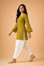 Olive Bandhej Print Cotton Top with Flared Bell Sleeves - Ethnic Wear | Women Fashion India