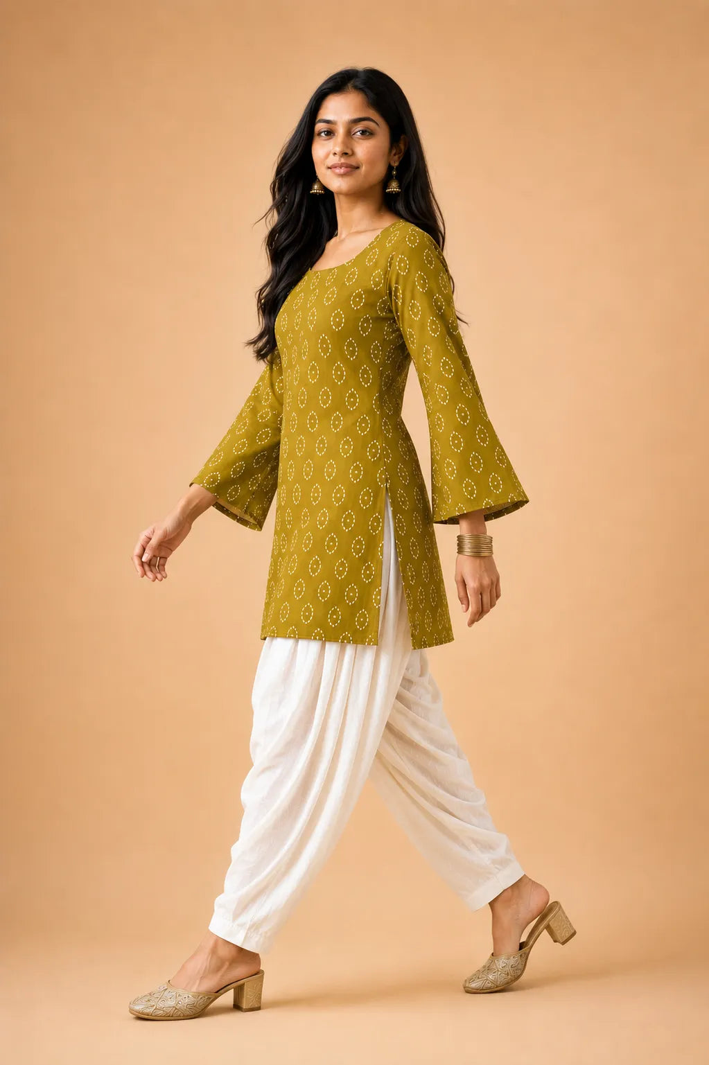 Olive Bandhej Print Cotton Top with Flared Bell Sleeves - Ethnic Wear | Women Fashion India