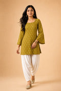 Olive Bandhej Print Cotton Top with Flared Bell Sleeves - Front View | Women Fashion India
