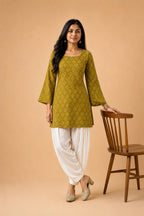 Olive Bandhej Print Cotton Top with Flared Bell Sleeves - Side View | Women Fashion India
