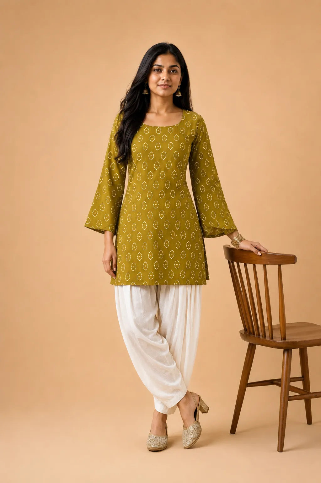 Olive Bandhej Print Cotton Top with Flared Bell Sleeves - Side View | Women Fashion India