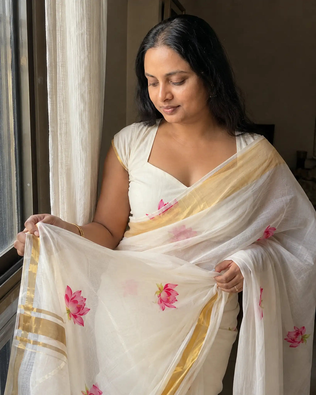 Ivory Linen Silk Kasavu Saree with Lotus Print Border - Zari Border | Women Fashion India