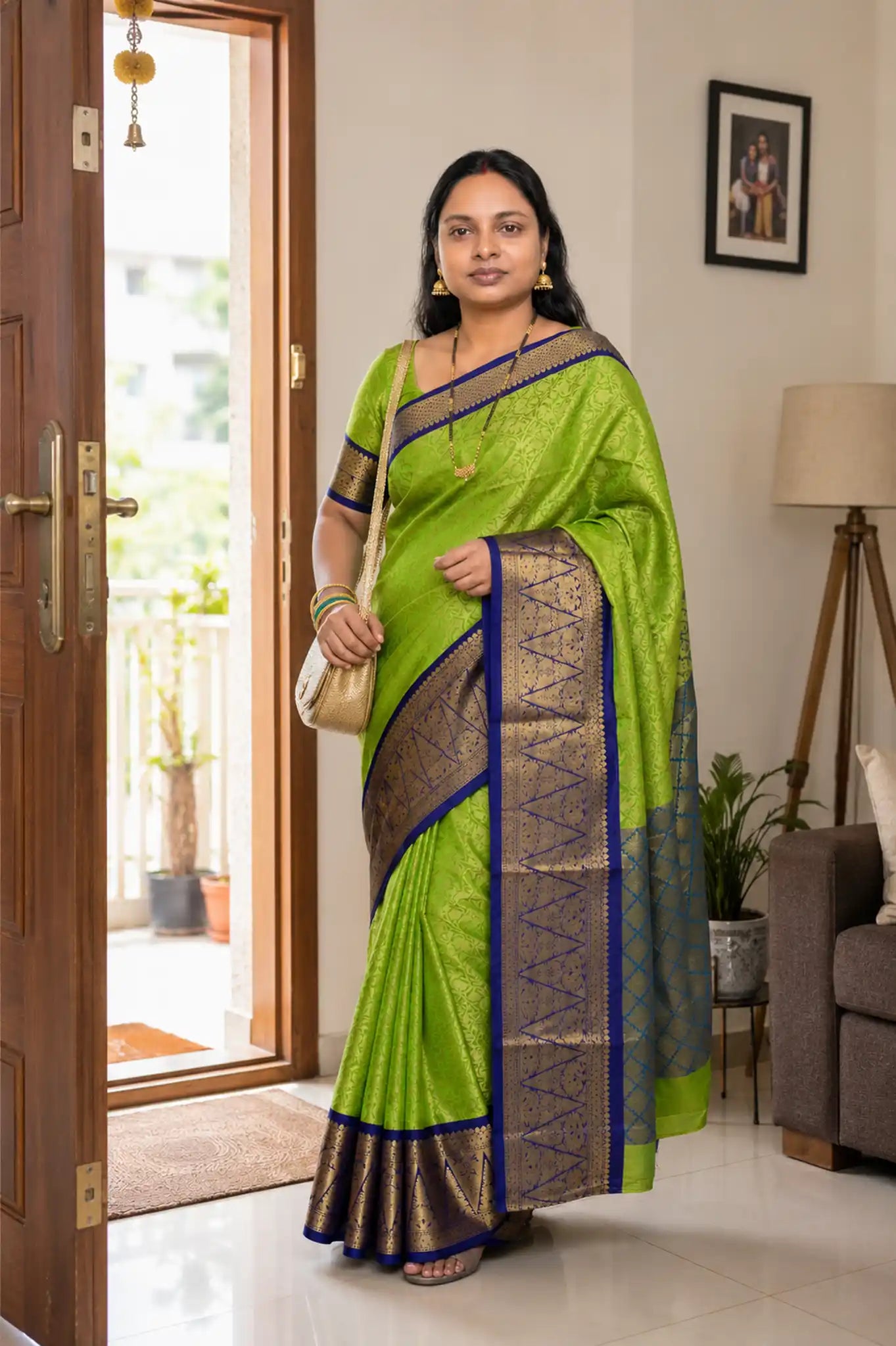 Parrot Green Silk Saree with Blue Gold Temple Border - Border Closeup | Women Fashion India