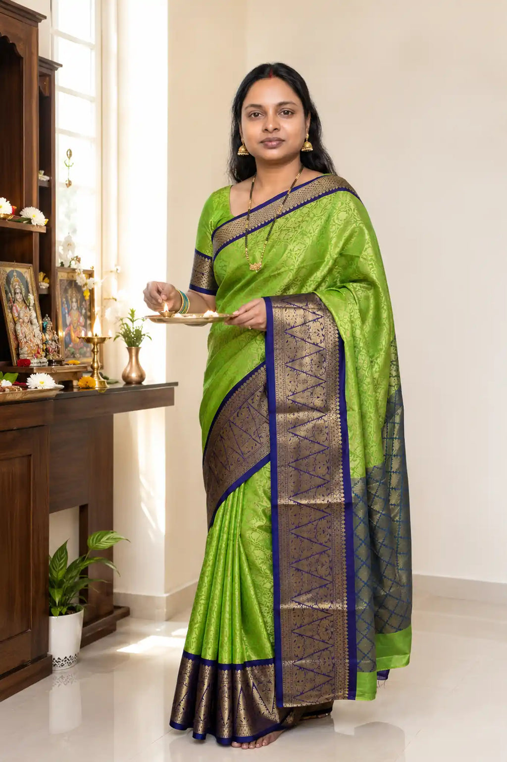 Parrot Green Silk Saree with Blue Gold Temple Border - Full Drape | Women Fashion India