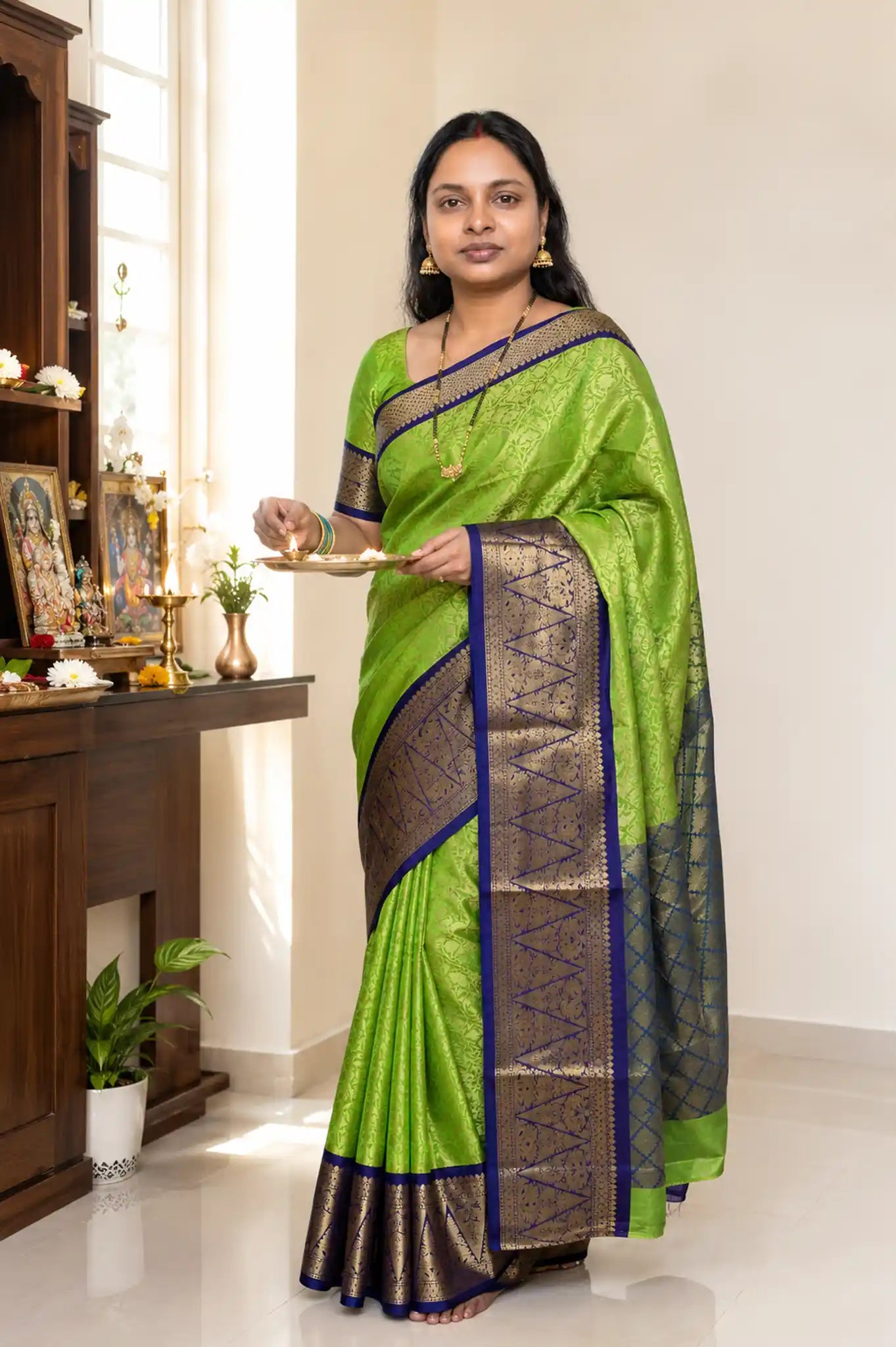 Parrot Green Silk Saree with Blue Gold Temple Border - Full Drape | Women Fashion India