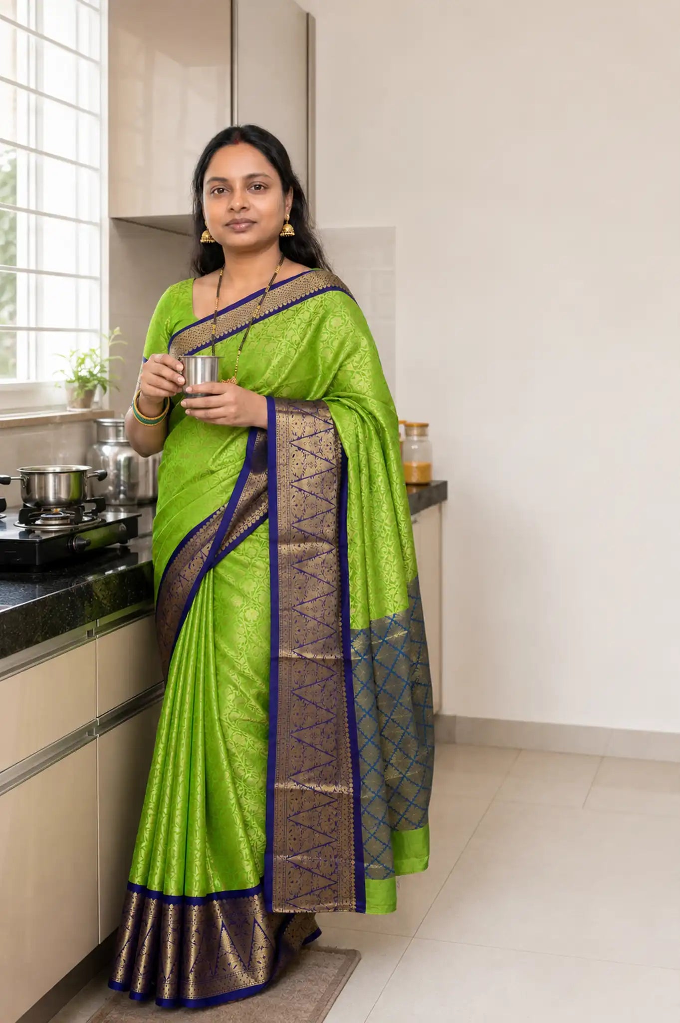 Parrot Green Silk Saree with Blue Gold Temple Border - Pallu Detail | Women Fashion India