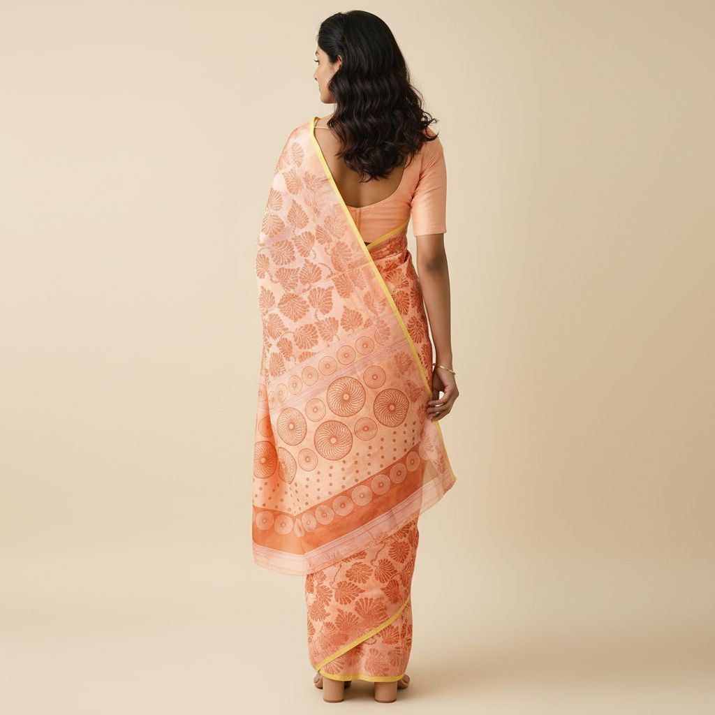 Aira Vanya peach floral block print saree back view – TRESSNY