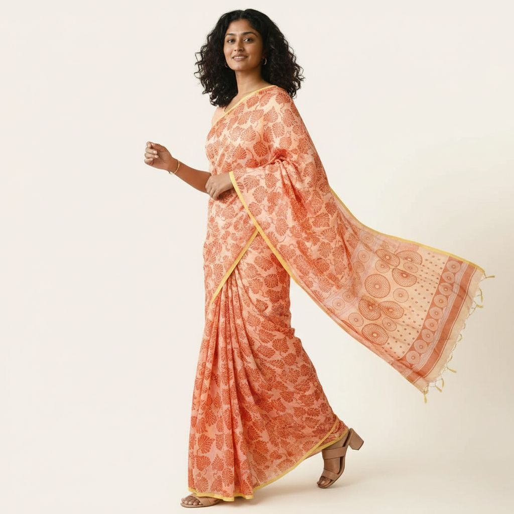 Aira Vanya peach floral block print saree draped pose – TRESSNY