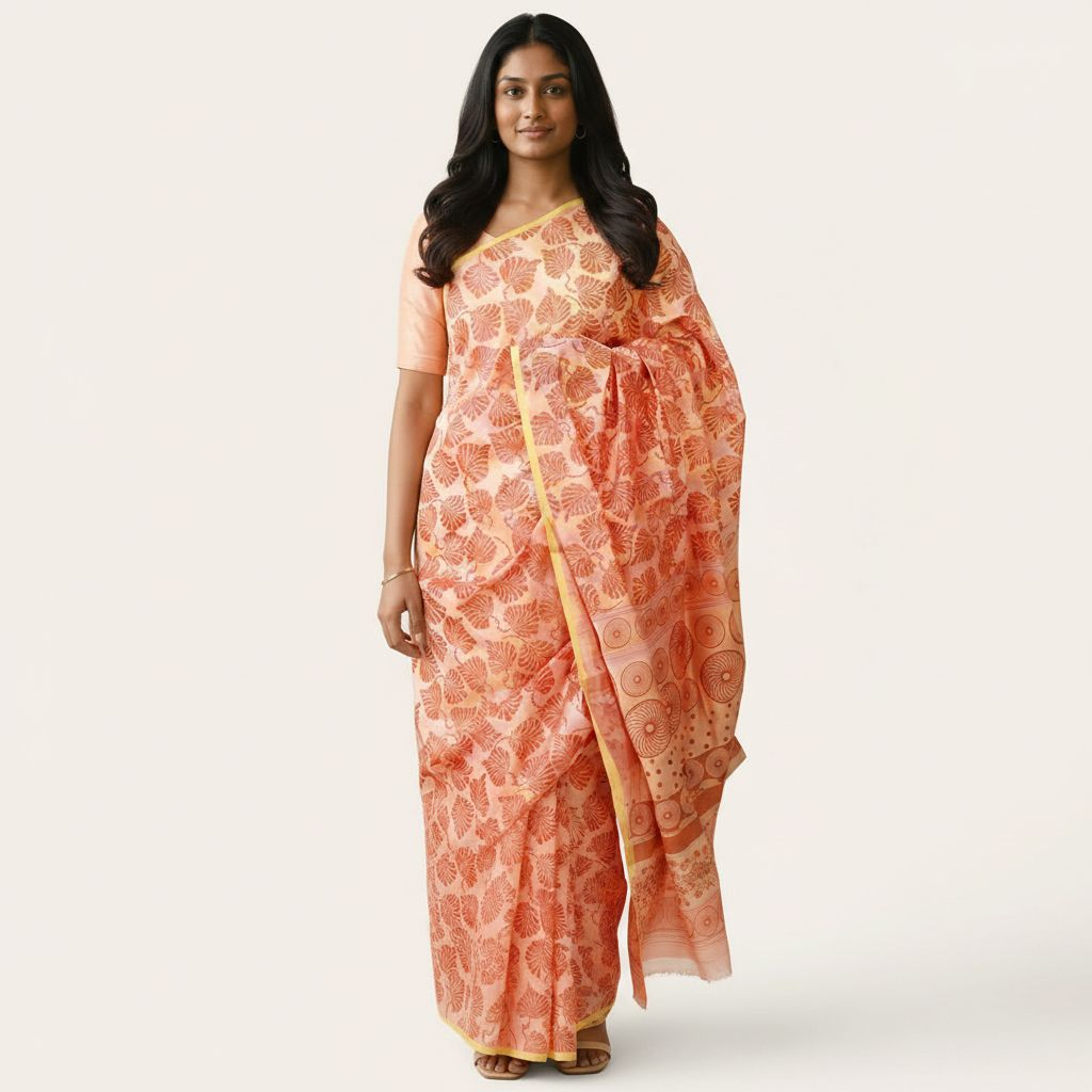 Aira Vanya peach floral block print saree front view – TRESSNY