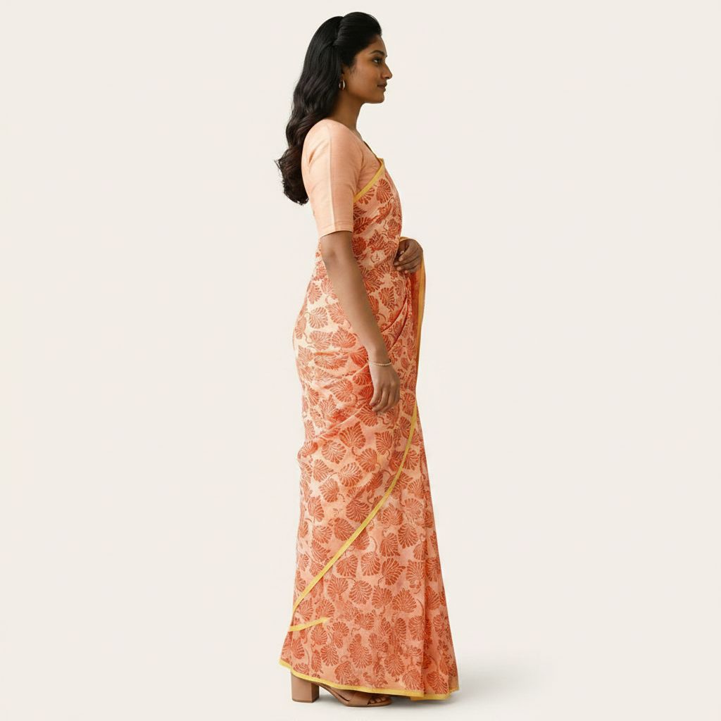 Aira Vanya peach floral block print saree side view – TRESSNY