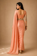 Peach Satin Party Wear Saree with Aari Work Net Blouse & Hip Belt - Back View | Women Fashion India