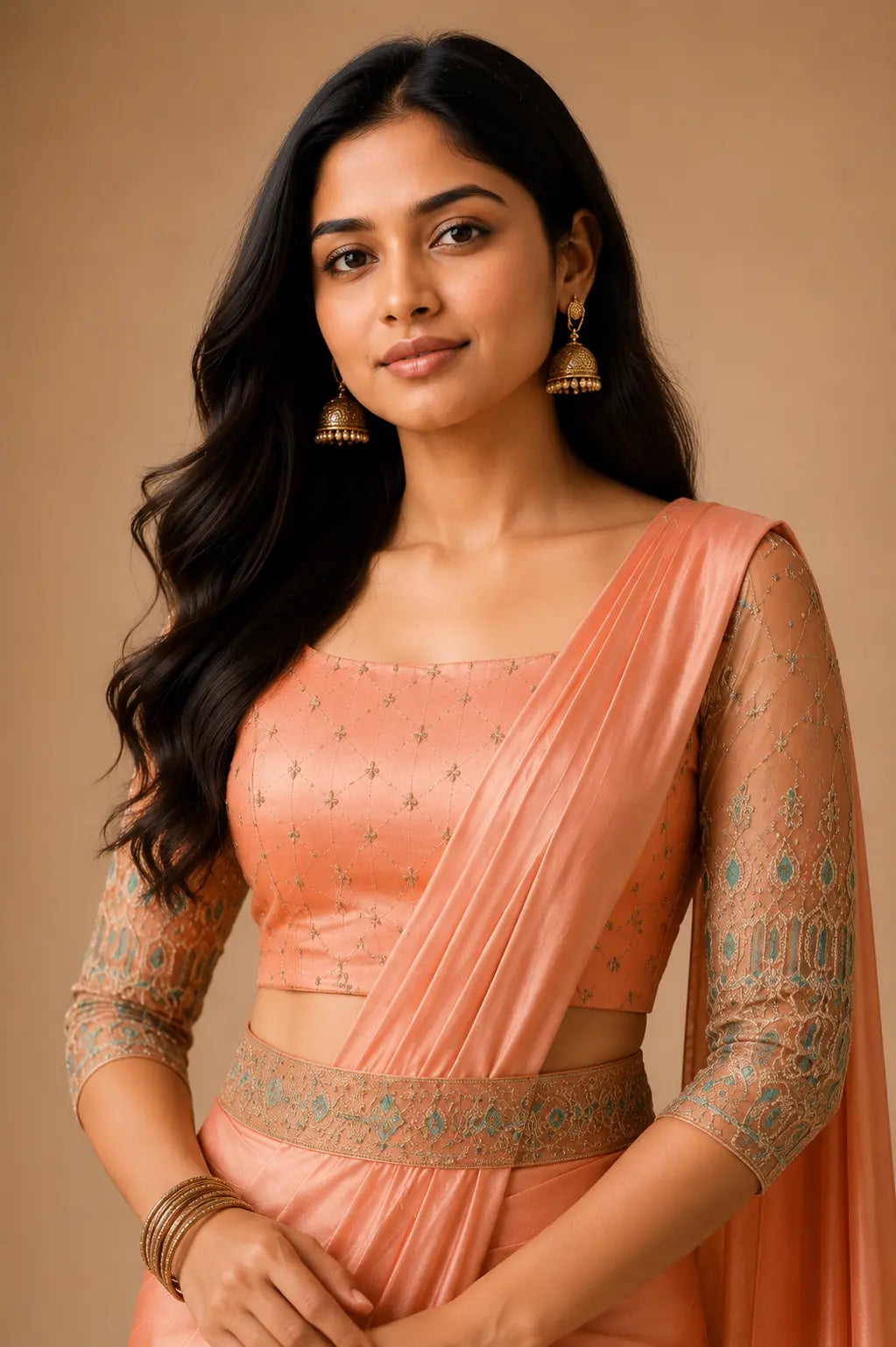 Peach Satin Party Wear Saree with Aari Work Net Blouse & Hip Belt - Detail View | Women Fashion India