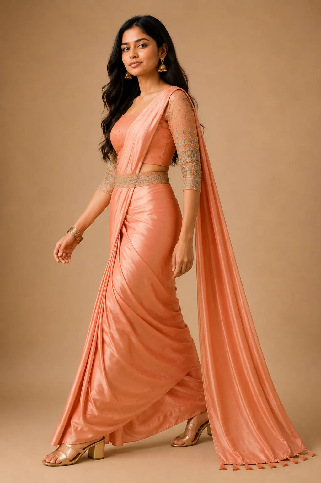Peach Satin Party Wear Saree with Aari Work Net Blouse & Hip Belt - Ethnic Wear | Women Fashion India
