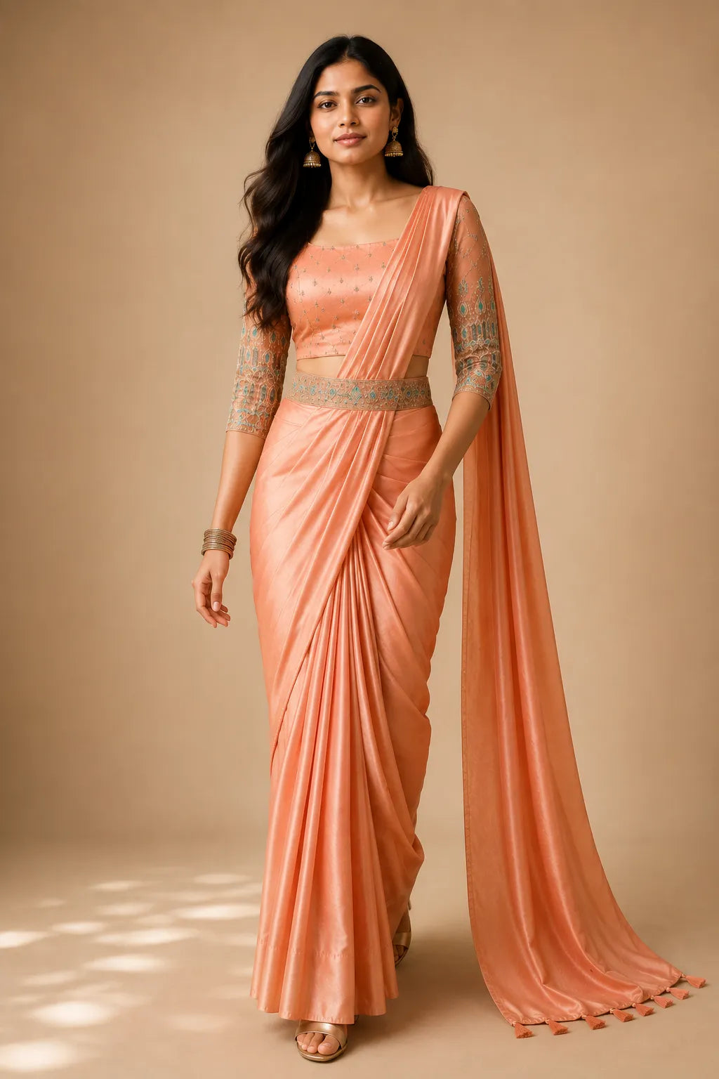 Peach Satin Party Wear Saree with Aari Work Net Blouse & Hip Belt - Front View | Women Fashion India