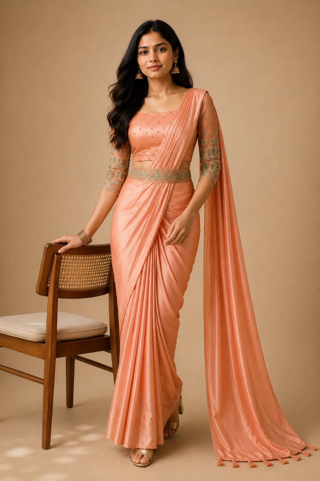 Peach Satin Party Wear Saree with Aari Work Net Blouse & Hip Belt - Lifestyle Shot | Women Fashion India