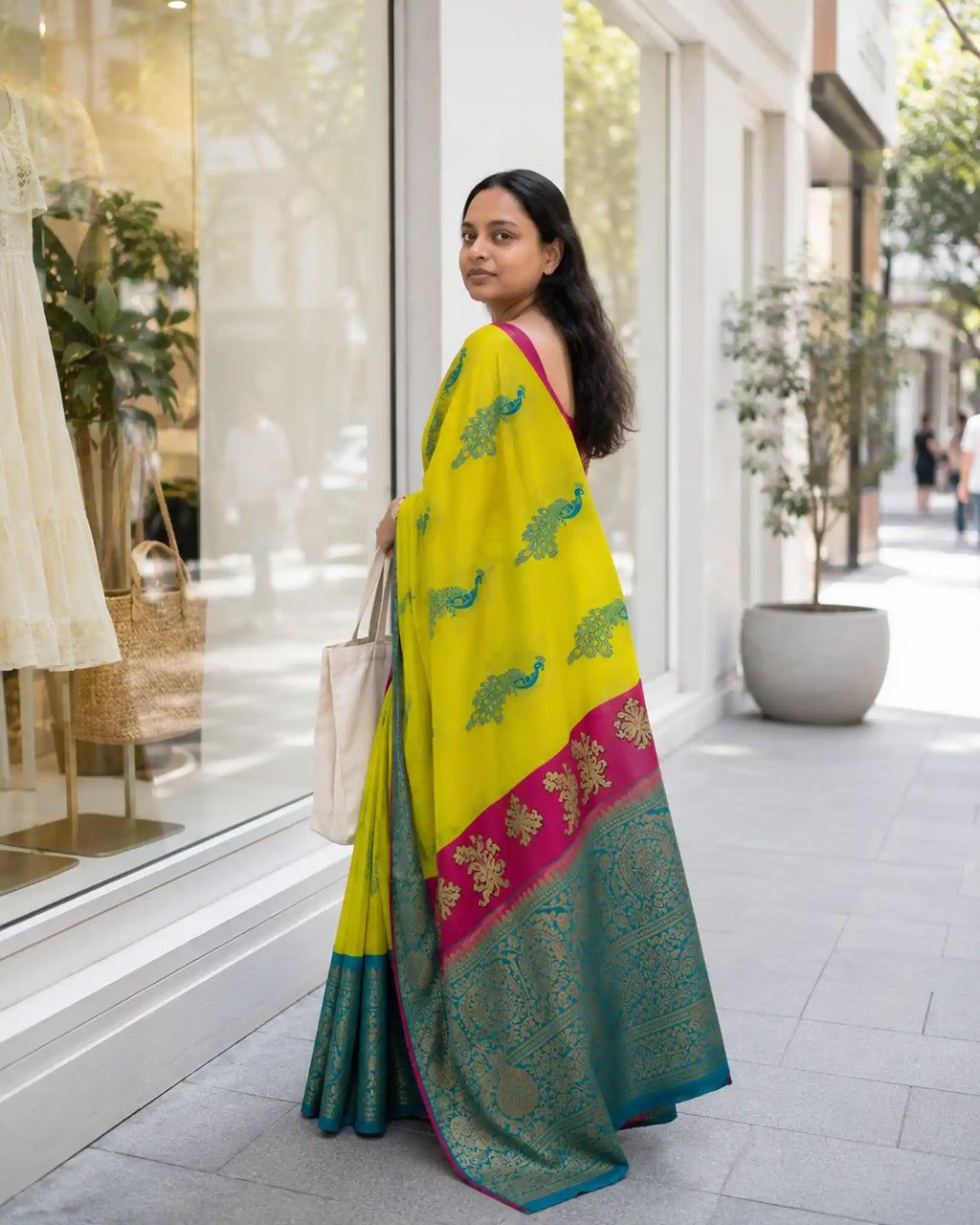 Lemon Yellow Peacock Silk Saree with Contrast Pink Blouse - Saree Blouse | Women Fashion India