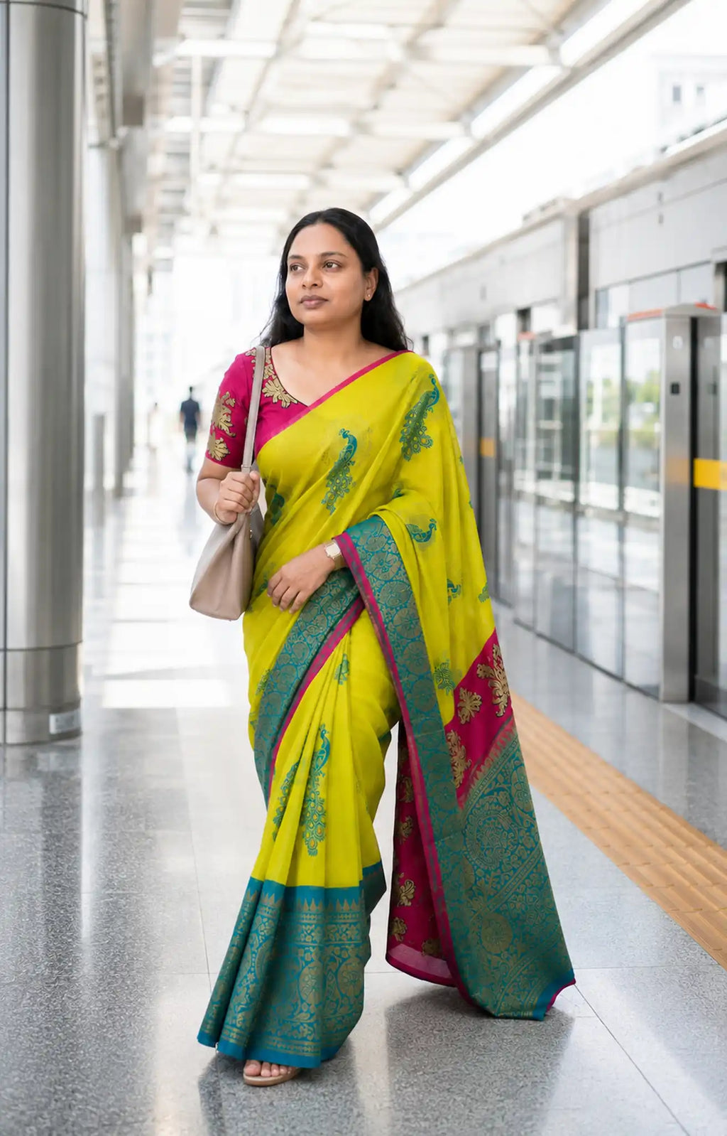 Lemon Yellow Peacock Silk Saree with Contrast Pink Blouse - Saree Border | Women Fashion India