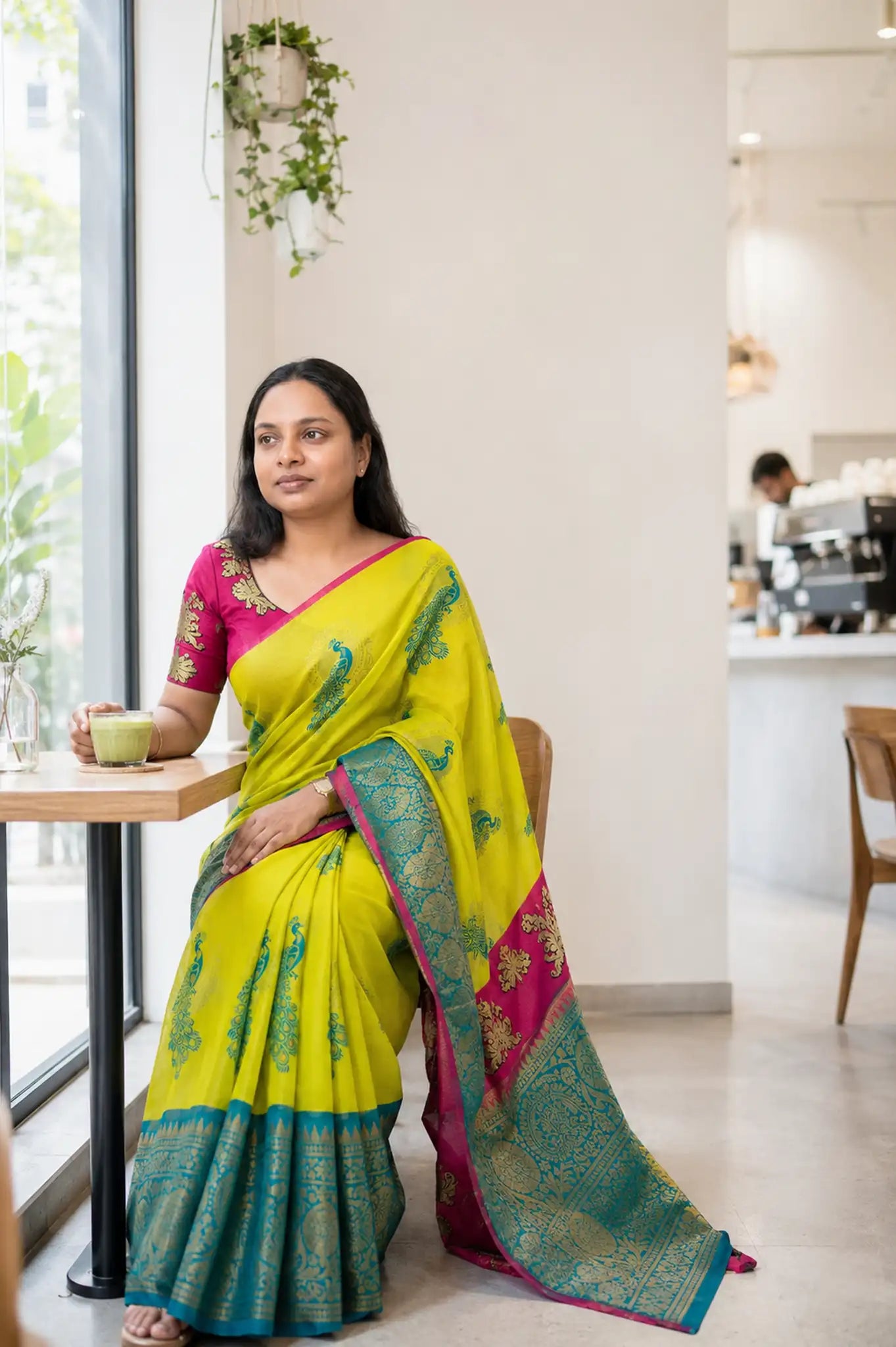 Lemon Yellow Peacock Silk Saree with Contrast Pink Blouse - Saree Front | Women Fashion India