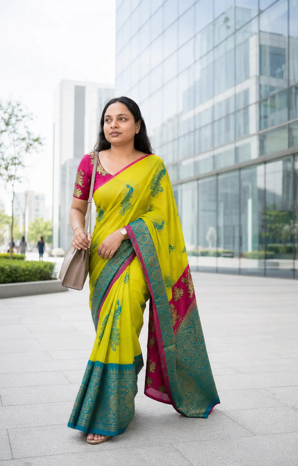 Lemon Yellow Peacock Silk Saree with Contrast Pink Blouse - Saree Pallu | Women Fashion India