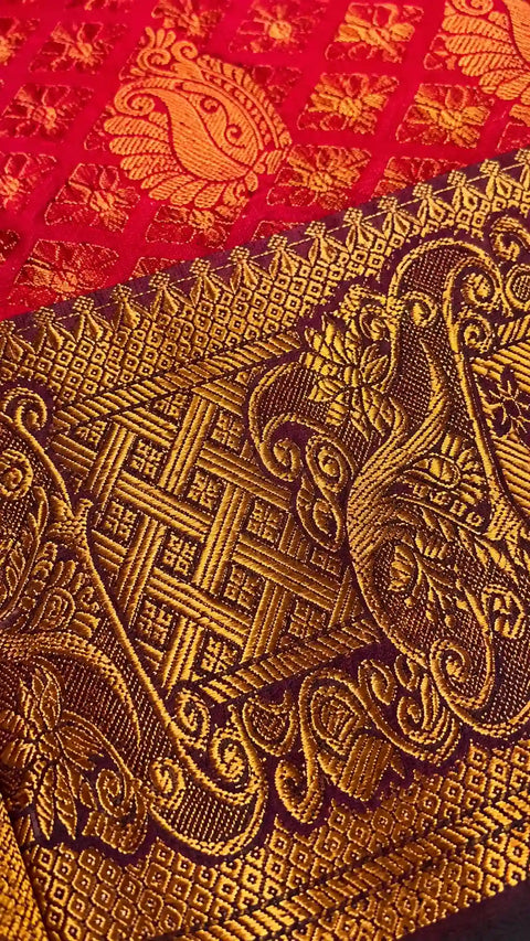 Pink Jacquard Silk Saree with Maroon Zari Pallu for Weddings - Border Closeup | Women Fashion India – buy saree online | Tressny