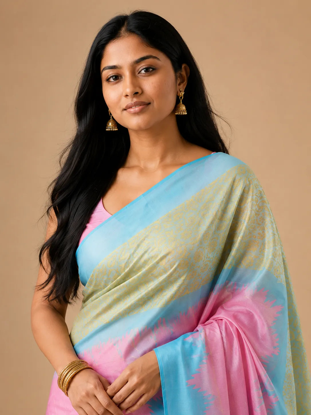 Pink Soft Silk Saree with Zari Meena Work Pallu & Korvai Border - Saree Draped | Women Fashion India