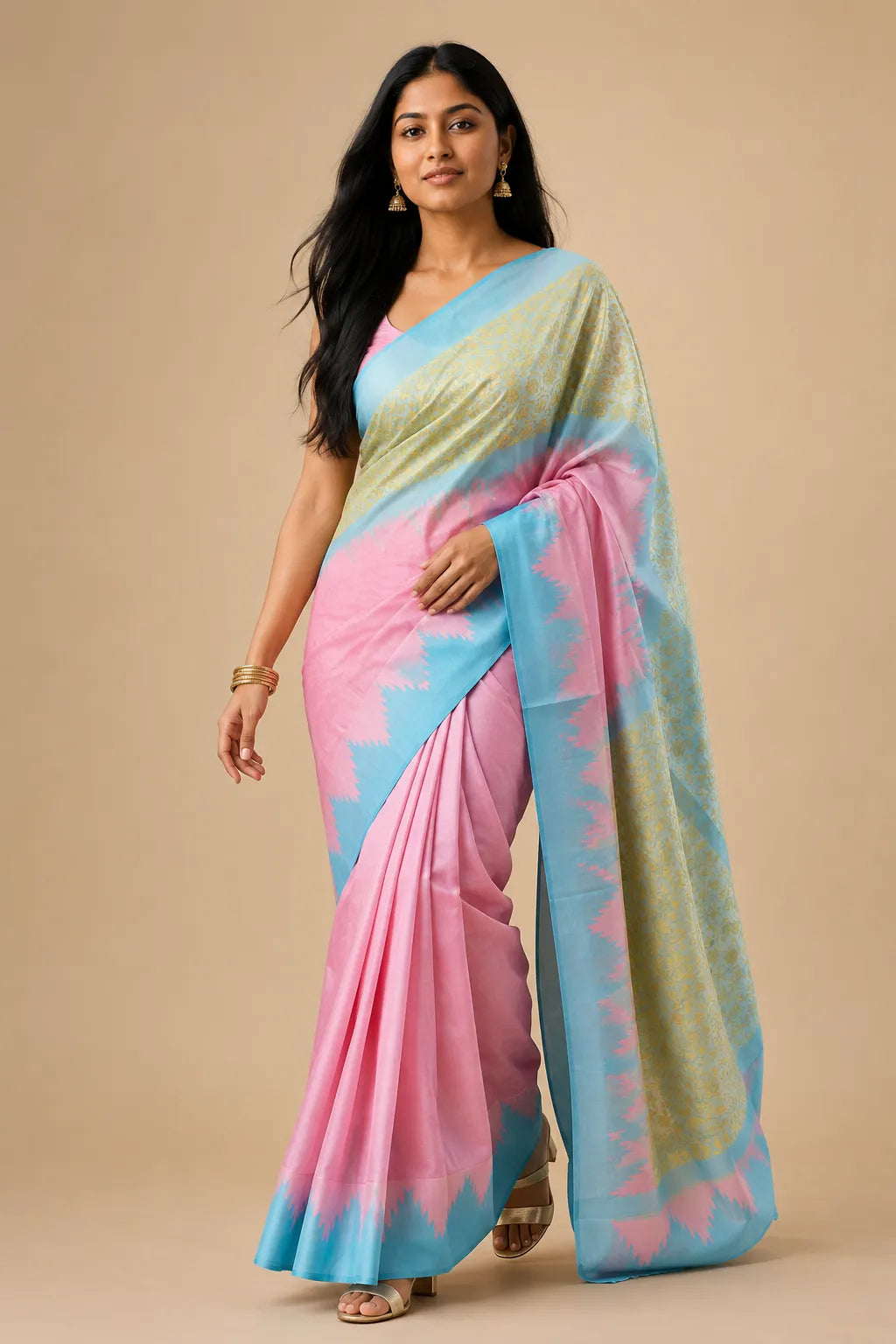 Pink Soft Silk Saree with Zari Meena Work Pallu & Korvai Border - Saree Front | Women Fashion India