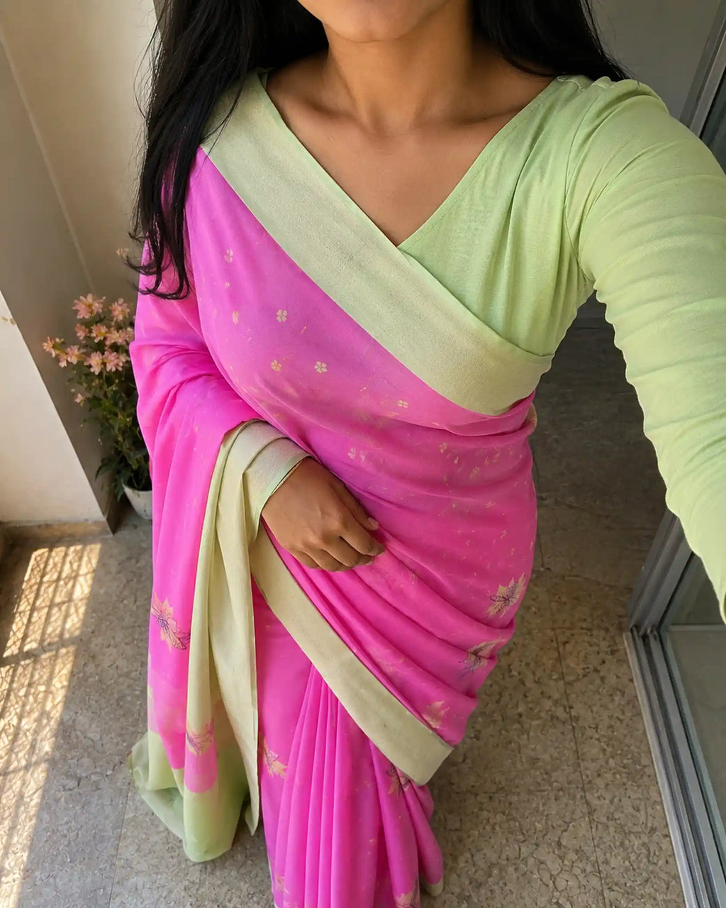 Pink Lotus Motif Saree with Contrast Pallu for Festive Wear - Pallu View | Women Fashion India