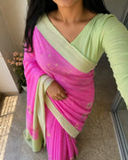 Pink Lotus Motif Saree with Contrast Pallu for Festive Wear - Pallu View | Women Fashion India