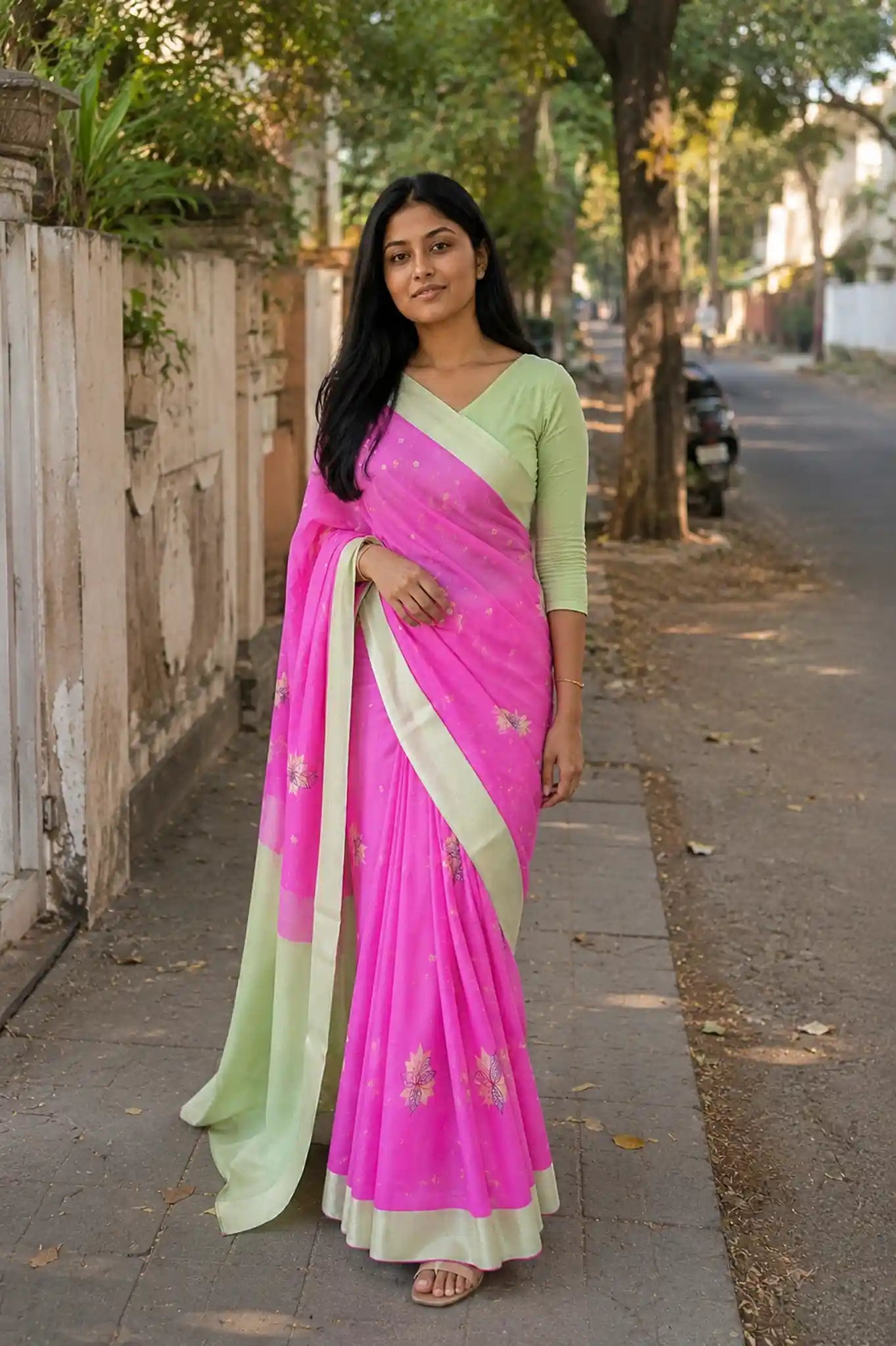 Pink Lotus Motif Saree with Contrast Pallu for Festive Wear - Side View | Women Fashion India