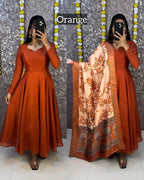 Plain Vichithra Silk Anarkali Dress with Kalamkari Dupatta - Set Front | Women Fashion India