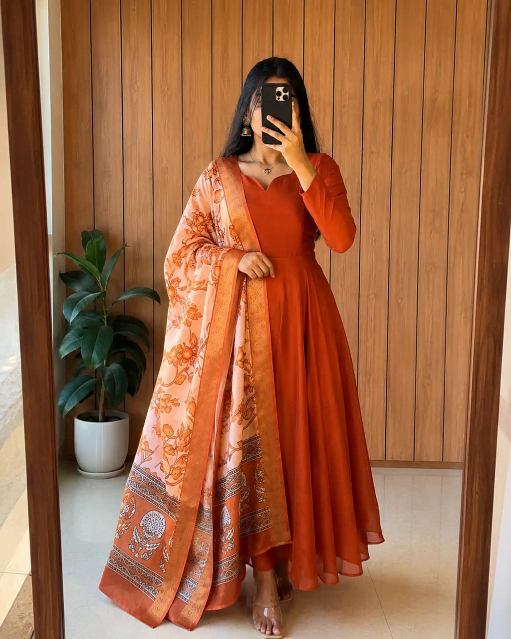 Plain Vichithra Silk Anarkali Dress with Kalamkari Dupatta - Full Look | Women Fashion India