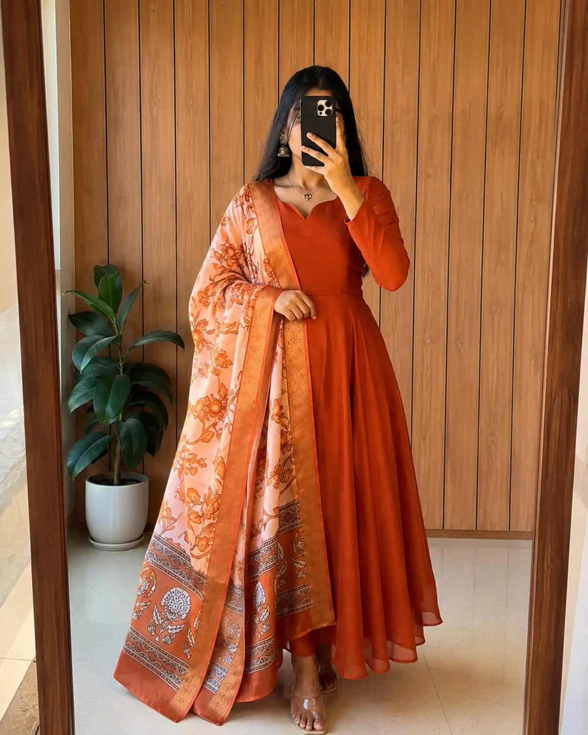 Plain Vichithra Silk Anarkali Dress with Kalamkari Dupatta - Full Look | Women Fashion India