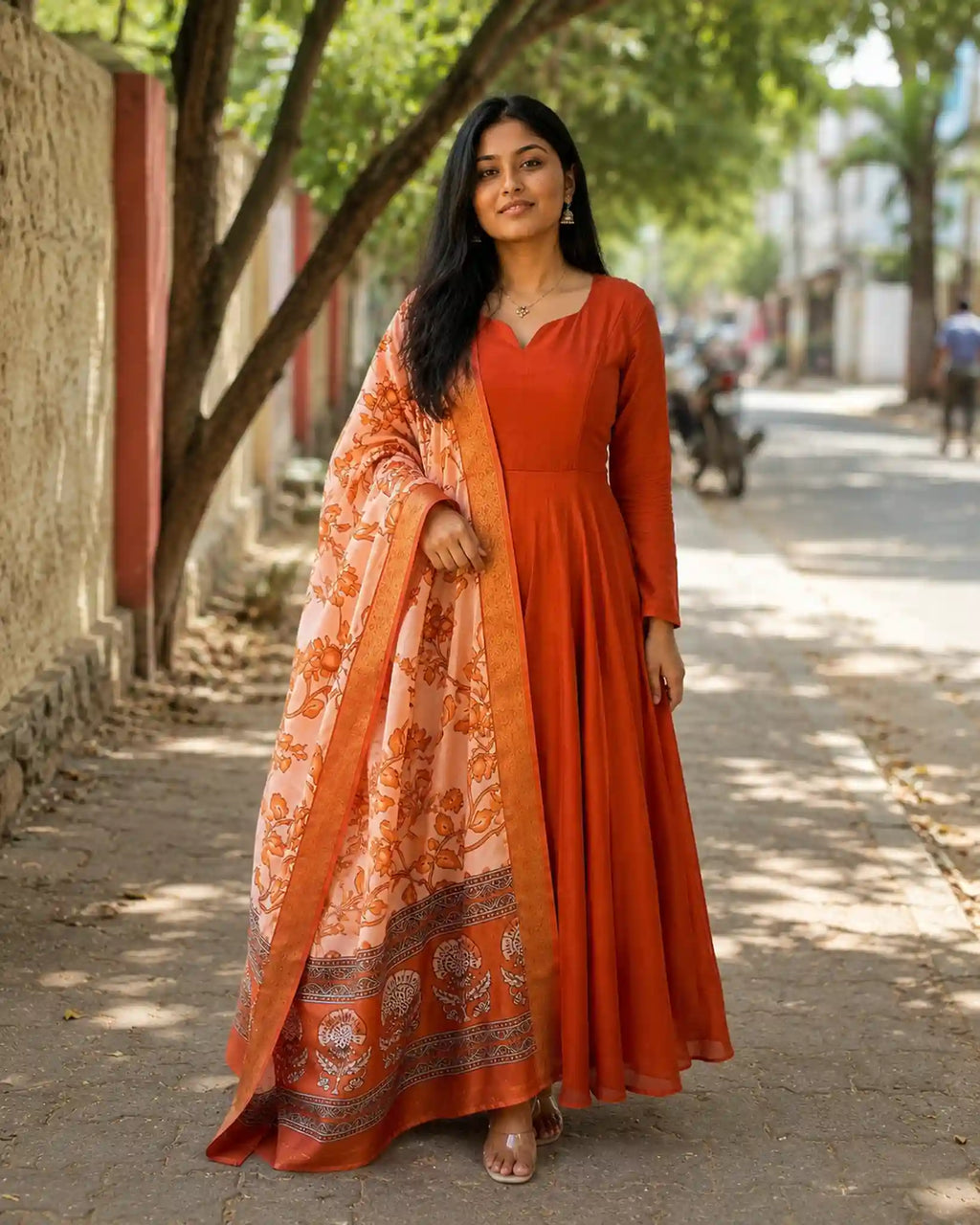 Plain Vichithra Silk Anarkali Dress with Kalamkari Dupatta - Styled Outdoor | Women Fashion India