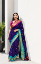 Plum Katan Silk Saree with Ganga Jamuna Temple Border - Border Closeup | Women Fashion India