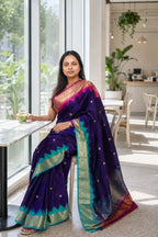 Plum Katan Silk Saree with Ganga Jamuna Temple Border - Drape Front | Women Fashion India