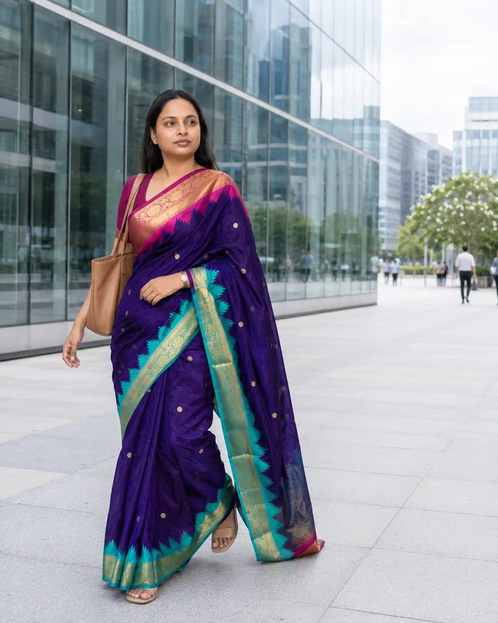 Plum Katan Silk Saree with Ganga Jamuna Temple Border - Pallu Detail | Women Fashion India