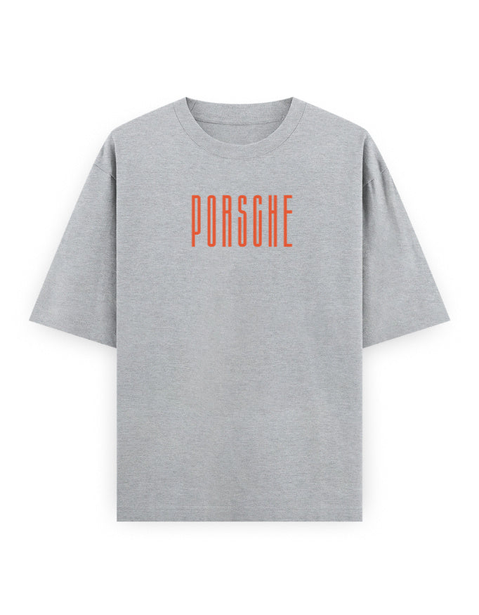 Gray t-shirt with 'PORSCHE' printed in red on a white background