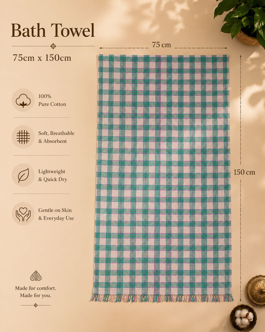 Pure cotton bath towel size guide 75x150cm jpg – TRESSNY