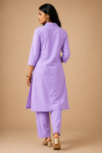Purple Cotton Kurti Pant Co-ord Set with Floral Embroidery - Back View | Women Fashion India