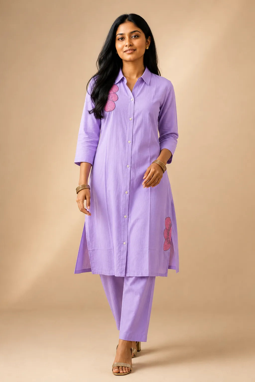 Purple Cotton Kurti Pant Co-ord Set with Floral Embroidery - Front View | Women Fashion India