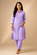 Purple Cotton Kurti Pant Co-ord Set with Floral Embroidery - Front View | Women Fashion India